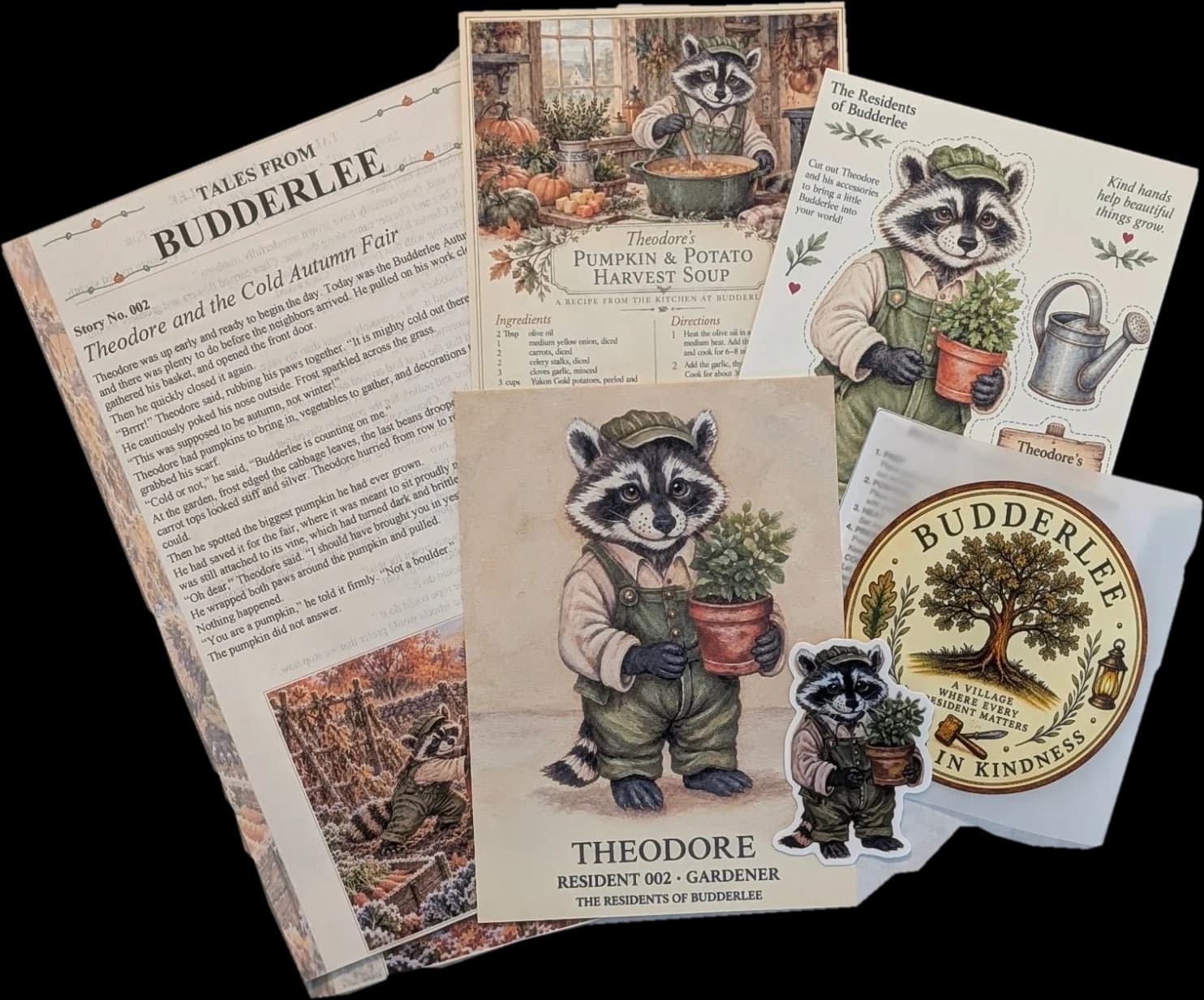 Theodore's month from The Budderlee Post: the Tales from Budderlee gazette, his resident art card, a paper doll, a pumpkin and potato soup recipe card, a Theodore sticker and a Budderlee iron-on