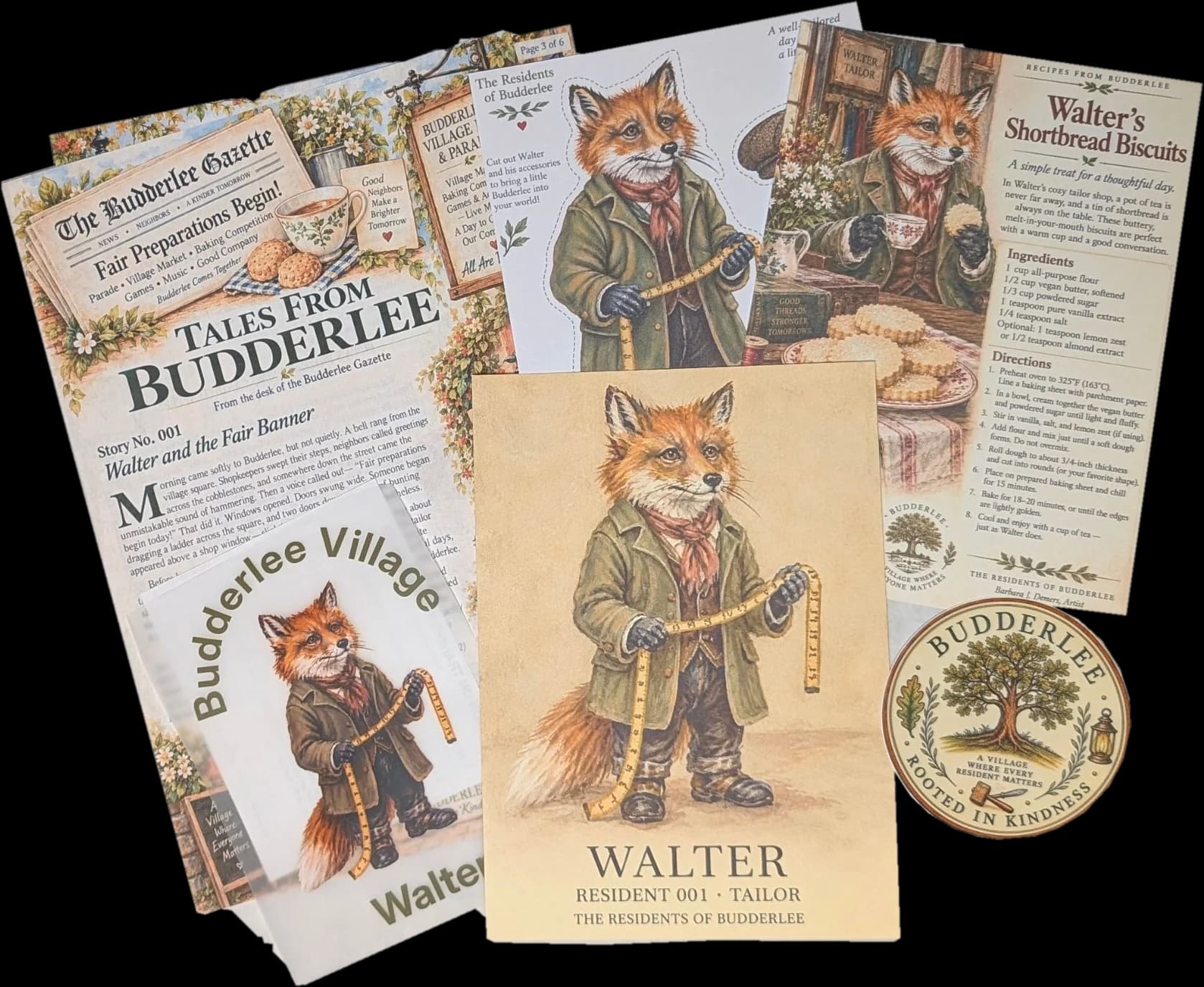A month of The Budderlee Post: the Tales from Budderlee gazette, Walter's art card, a paper doll, a recipe card, a sticker and an iron-on