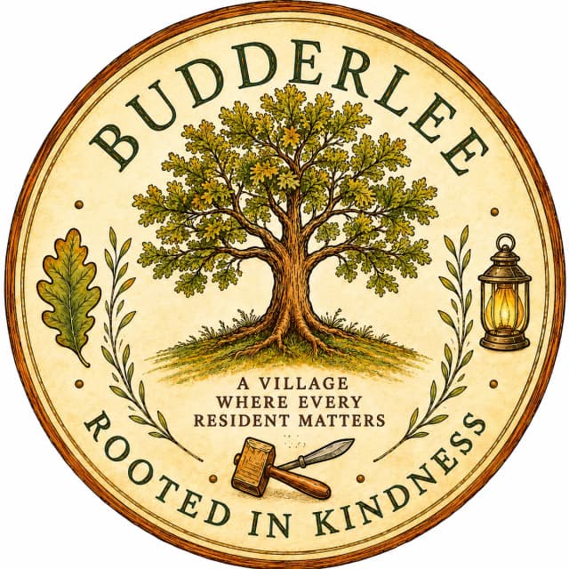 The Budderlee village seal: an oak tree, rooted in kindness