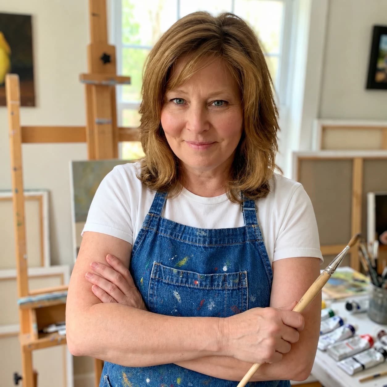 Barbara J Demers in her studio, arms crossed, holding a paintbrush
